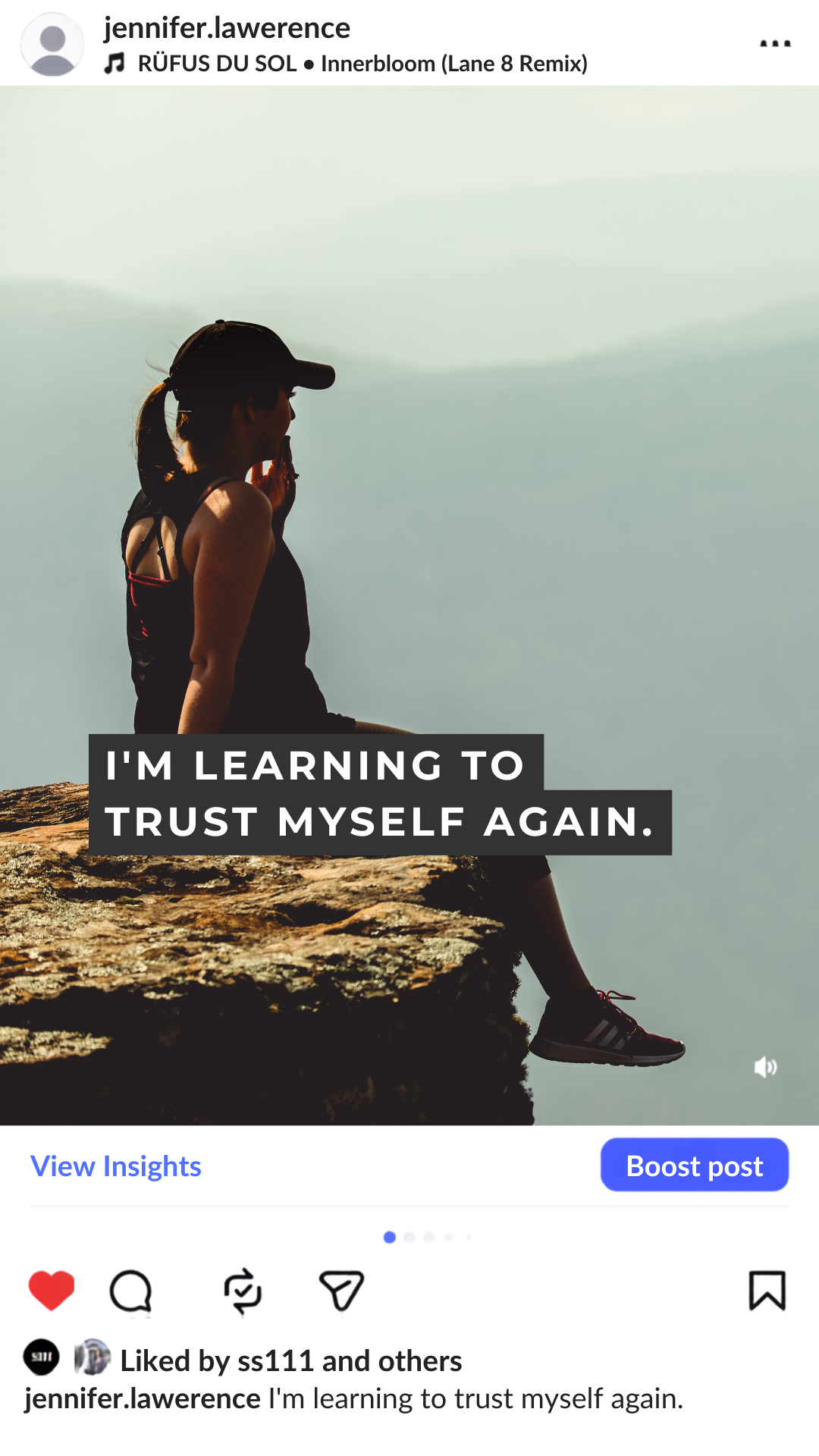 Instagram carousel post of a woman in headphones with a pink caption reading I'm learning to trust myself again